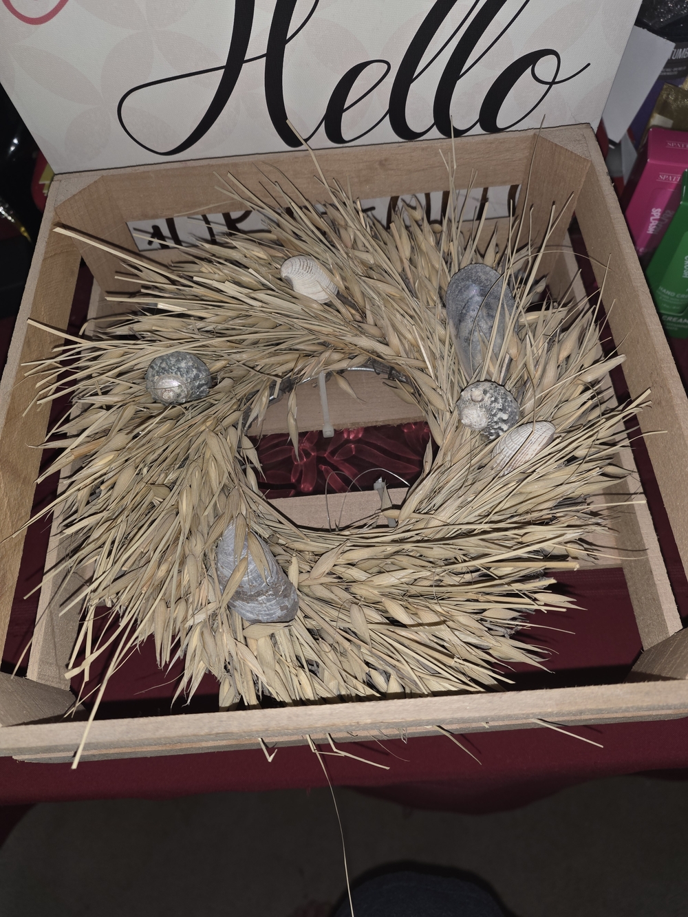 Natural Beige Dried Grass Wreath with Shell Accents - Coastal Style